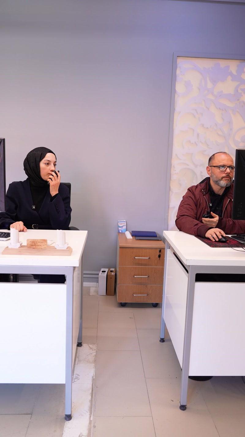 Ofis ekibi fuar hazırlığı sırasında telsizle iletişim kuruyor