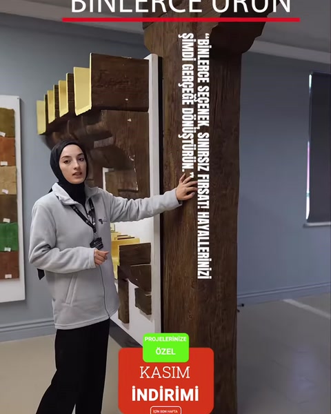 Ahşap görünümlü dekoratif kiriş örnekleri dikey panoda inceleniyor