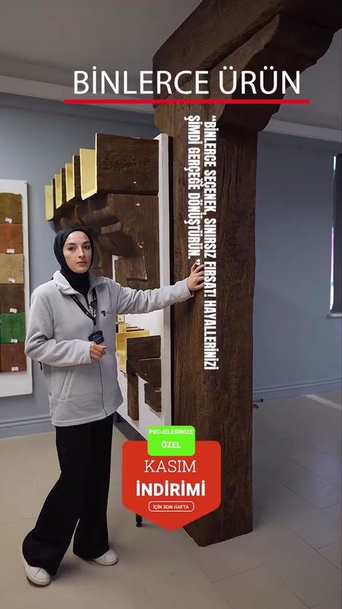 Ahşap görünümlü dekoratif kiriş örneklerinin yer aldığı sergi