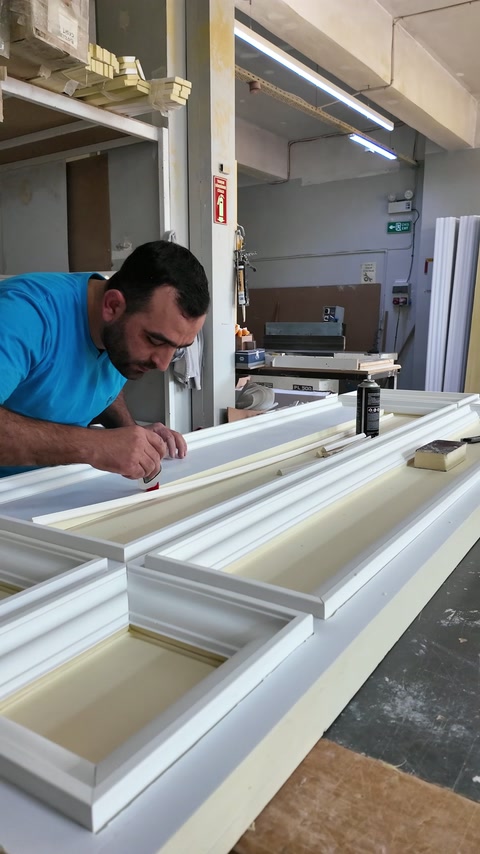 Usta atölyede uzun kapı çevresi paneli üzerinde çalışıyor