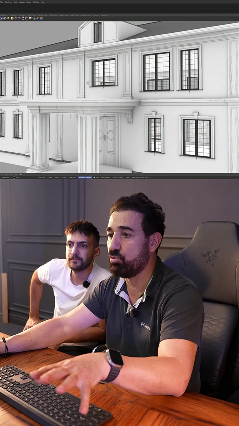 Villa cephesindeki pencere çerçeveleri ve pilaster detayları modelleniyor