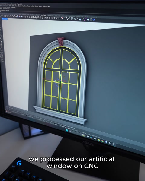 3D ekranda kemerli yapay pencere tasarım modeli gösteriliyor
