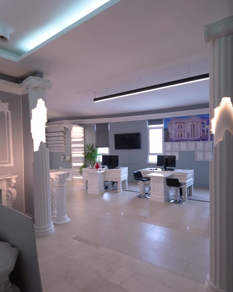 Showroom ofis alanında sütun ve masa düzeni görünümü