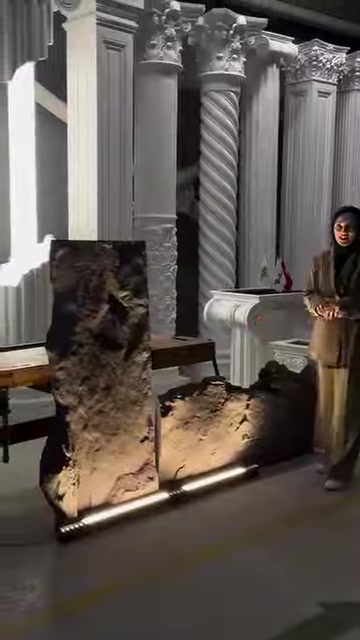 İki kaya panel dekoratif sütunların bulunduğu teşhir alanında sunuluyor