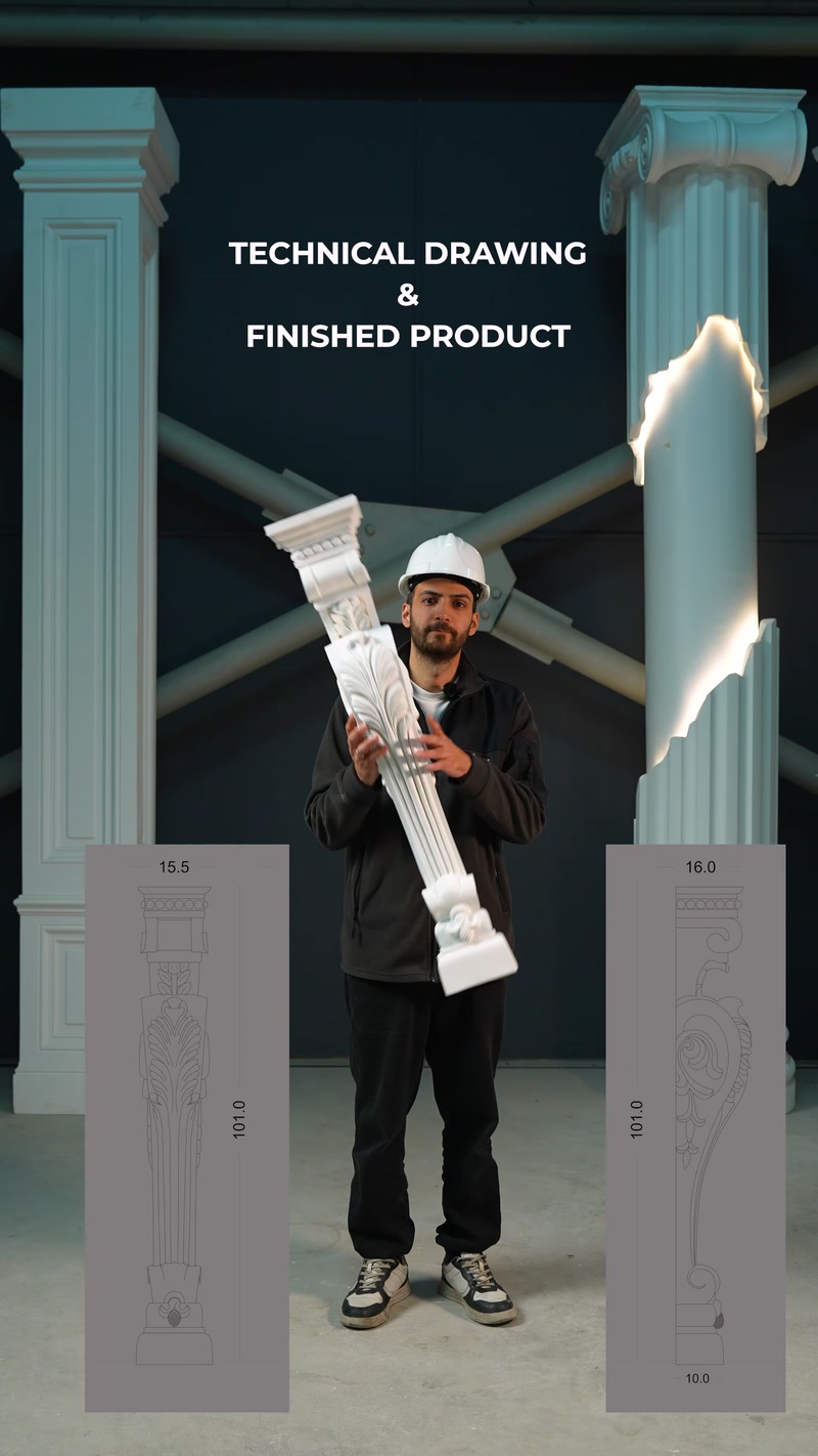 Dekoratif pilaster modeli teknik çizimleriyle birlikte elde sergileniyor