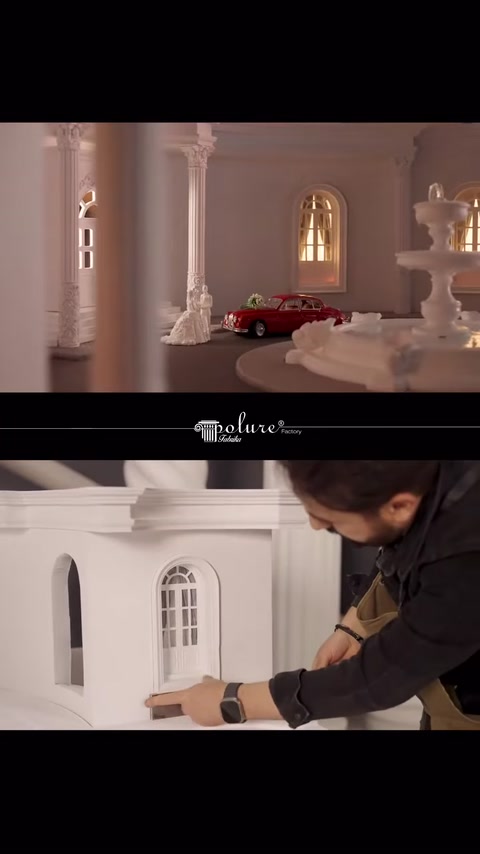 Tamamlanan iç mekân maketinde sütunlar ve kemerli pencereler görülüyor