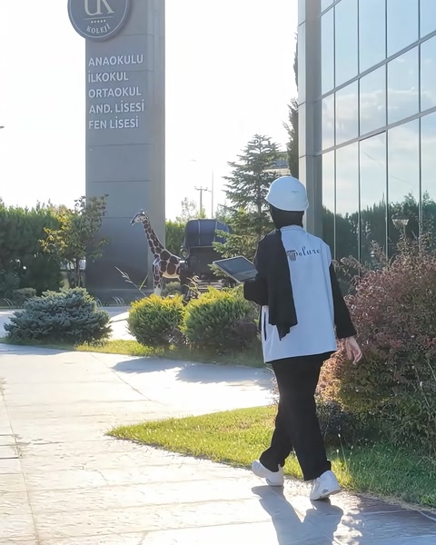 Baretli ekip üyesi kolej binasının bahçesinde yürüyor