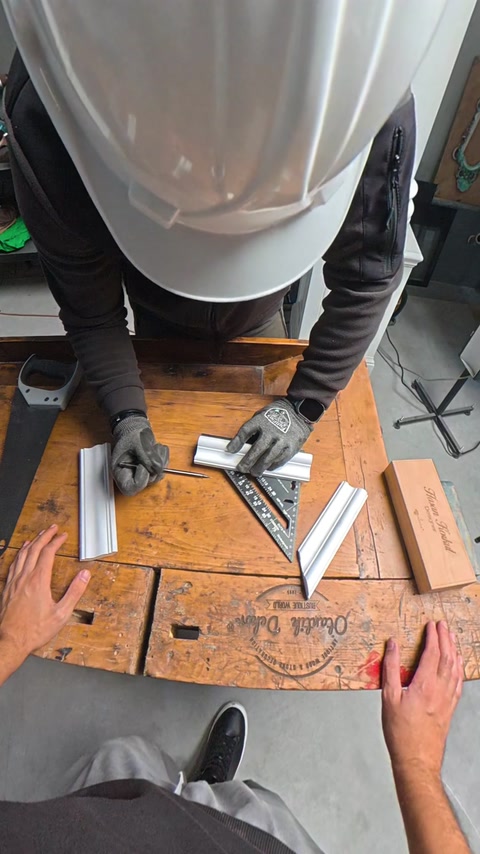 Metal gönye, iki işareti birleştiren kesim hattına yerleştiriliyor.