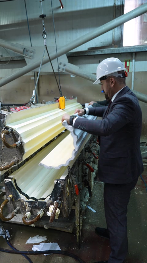 Çalışan uzun dekoratif profil parçasını üretim makinesinde işliyor
