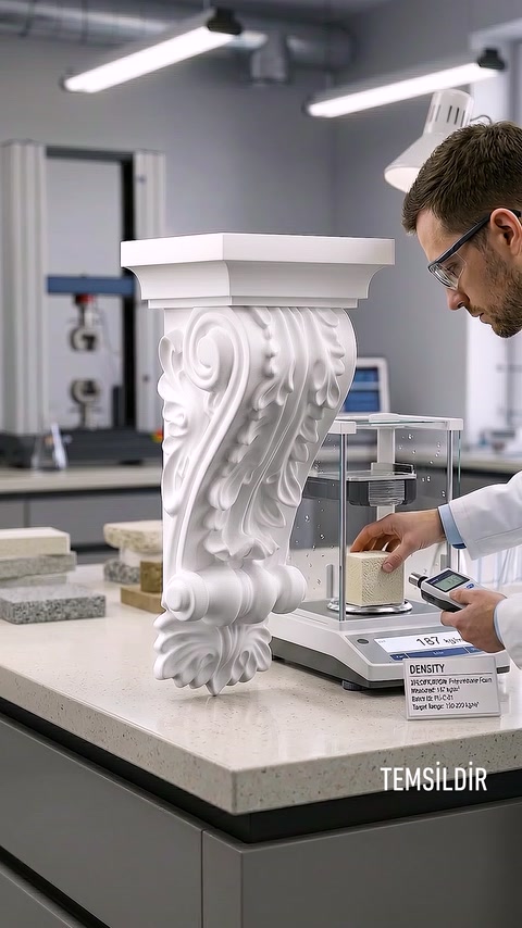 İşlemeli beyaz konsol parçası laboratuvar terazisinde inceleniyor