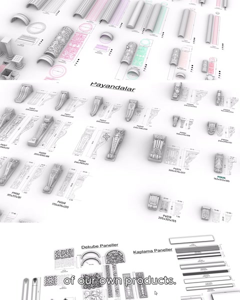 Poliüretan ürünlerin teknik çizim ve katalog sayfası gösteriliyor