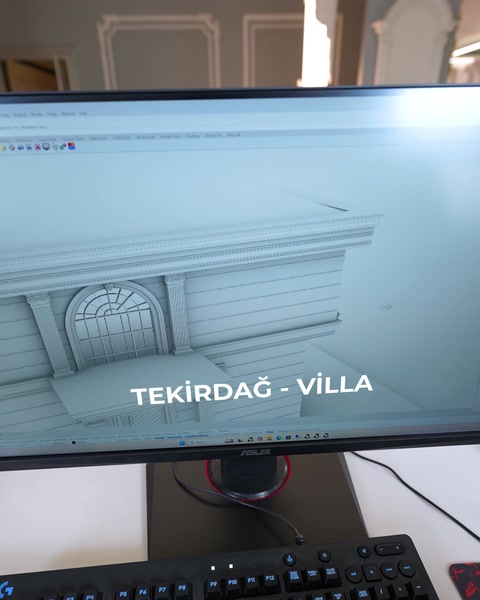 Tekirdağ villa projesinin 3D dış cephe render'ı ekranda görülüyor