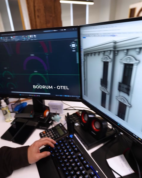 Bodrum otel cephesinin kaba çizgi modeli ekranda görüntüleniyor