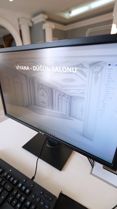 Düğün salonu için sütunlu sahne düzeninin üç boyutlu tasarımı