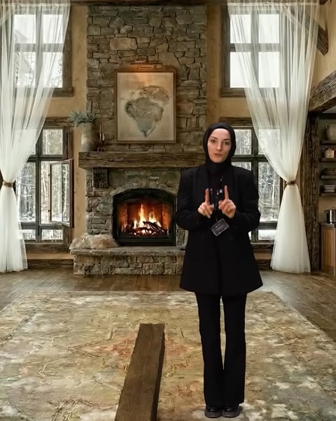 Sunucu şömine önünde poliüretan kiriş sistemini anlatıyor
