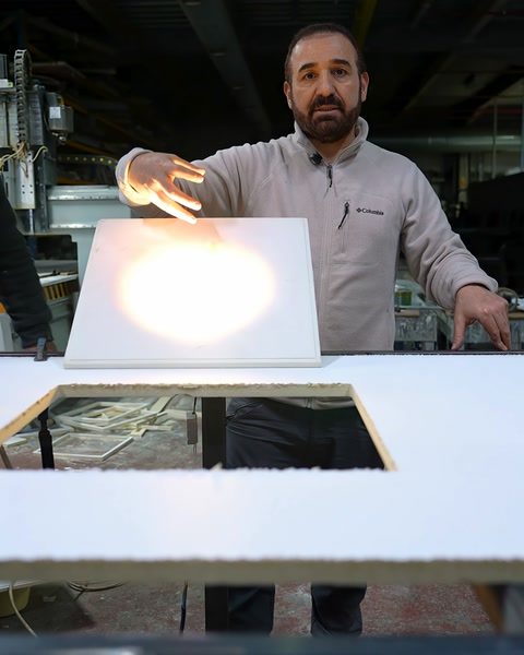 El hareketiyle armatürün geniş ışık yayılımı gösteriliyor.