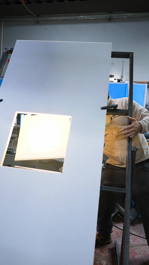Kare panel arkasındaki aydınlatma boşluğu ışıkla test ediliyor