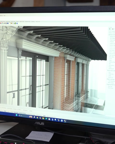 3D model üzerinde cephe silme ve pencere kenar detayları görünüyor