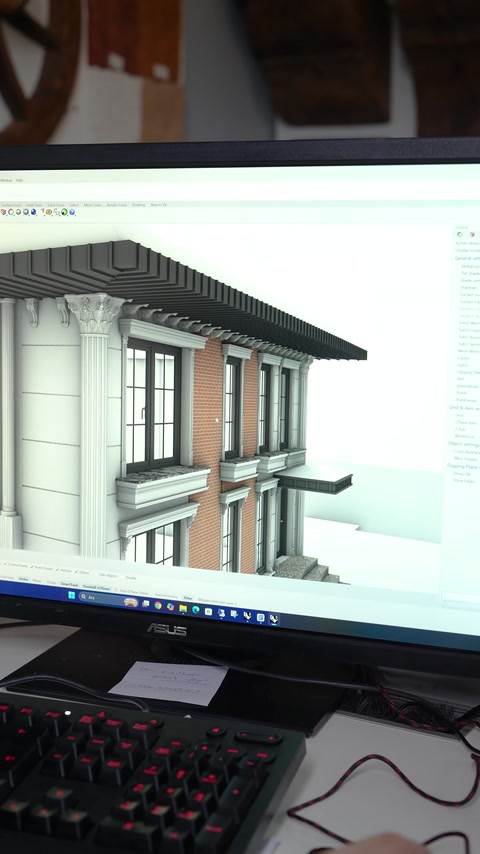 Dijital cephe modelindeki sütun ve pencere süslemeleri yakından görülüyor
