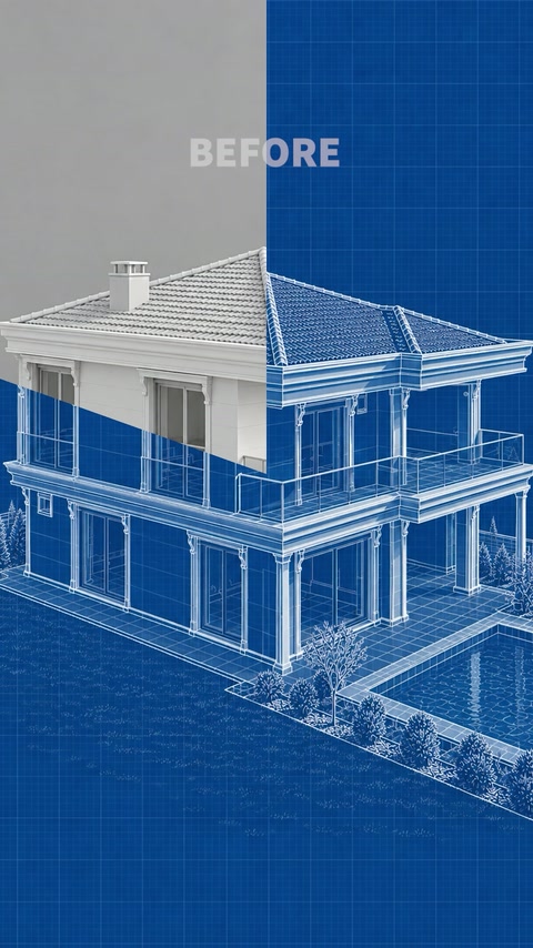 İki katlı villanın sütun ve cephe profillerini gösteren çizim