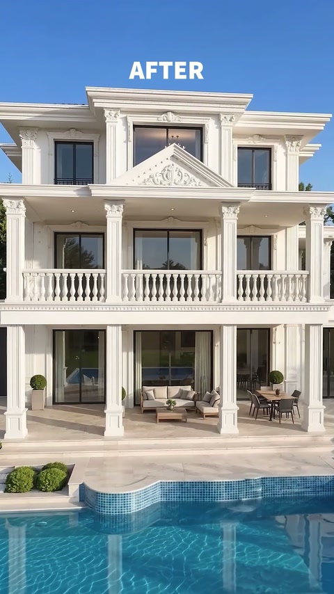 Havuz kenarından görülen sütunlu ve söveli geniş villa cephesi