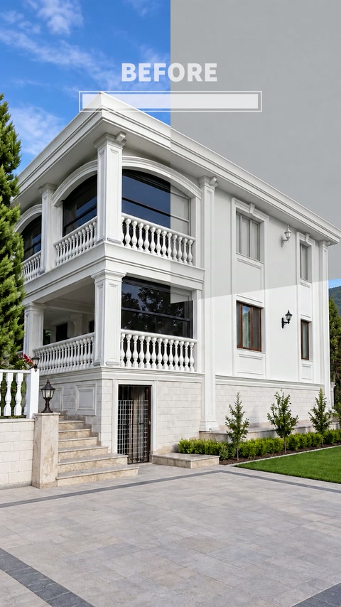 Kemerli balkonlar ve balüstradlarla biçimlenen üç katlı cephe