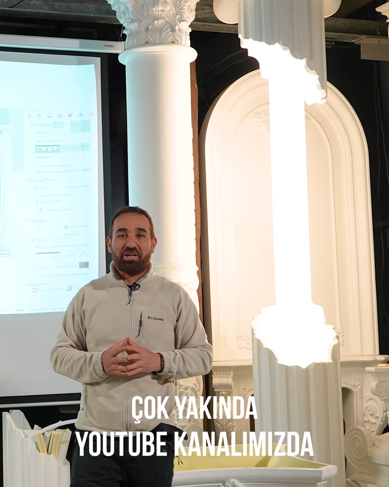 Devasa poliüretan sütun ve kemer sistemi sergi alanında sunuluyor